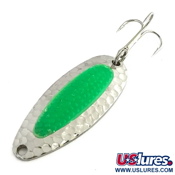 Vintage   Nebco Pixee UV, 1/2oz Hammered Nickel / Green fishing spoon #9050